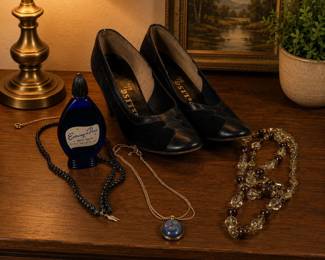 Lot #90 Vintage Bourjois Evening in Paris Cobalt Blue Perfume Bottle + Heels Jewelry