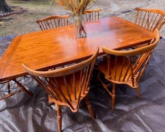 Lot #91 Colonial Style Solid Cherry Trestle Dining Table & 6 Windsor Spindle Chairs Set