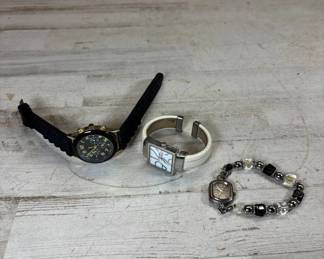 Lot #88 Lot of 3 Fashion Watches Chronograph Black Rubber Swap Beaded Bracelet White Cuff