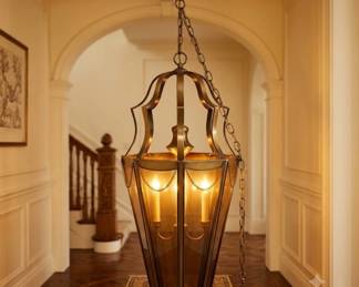 Lot #16 Large Antique Brass Octagonal Lantern Pendant Chandelier Smoked Glass 8-Light