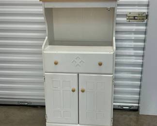 Lot #64 White Wood Microwave Cart Kitchen Cabinet Hutch Open Shelf Drawer Cottage