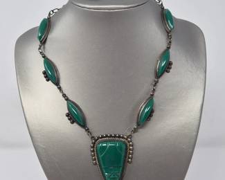 53 GreenOnyxAztecanMexicoSilverNecklaceEarrings