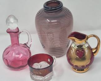 118 MuranoSignedPitcherPlumVaseCranberryCruet1905RubyCup