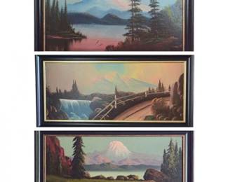 36 NorthwestInspiredVintageMountainScenePaintingTrio