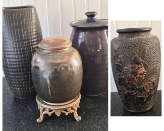 165 VintageDarkGlazedPotteryAssortmentTexturedVasesVessels