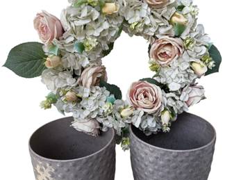 2 Ceramic Tapered Planters and Floral Wreath