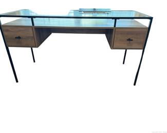 Modern Industrial Style Wood Glass and Black Metal Desk