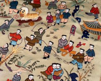 HAND EMBROIDERED SILK PANEL WITH CHILDREN PLAYING 