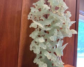 LARGE CHINESE JADE BIRD FLOWER  TREE CARVING 