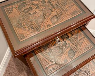 SET OF 4 HAND CARVED WOOD NESTING TABLES - UP CLOSE VIEW