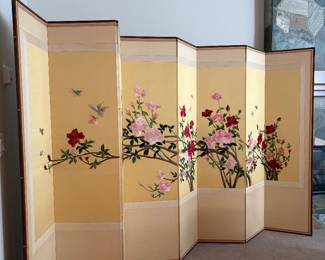 VINTAGE 50'S / 60'S EIGHT PANEL CHINOISERIE CHINESE ASIAN SILK ROOM DIVIDER FOLDING SCREEN 