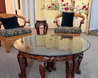4 SECTION / NESTING STOOLS WITH ROSEWOOD COFFEE TABLE & GLASS TOP