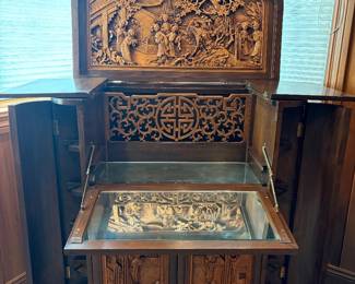 Vintage Chinese hand carved dry bar / liquor cabinet