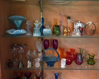Cabinet filled with Vintage Glass ware, Fenton, Pilgrim & more
