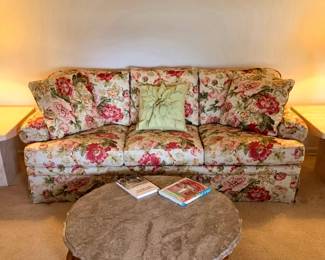 Gorgeous Floral Sofa, Travertine End tables and Alabaster lamps