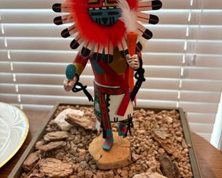 Hopi Kachina Sun God .. signed Tommy (Onie? Enie?) with terrarium-like base and glass cover