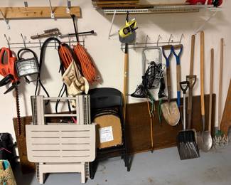 garage tools (examples) including power tools, yard tools and a large desktop (was placed on top of 2 filing cabinets)