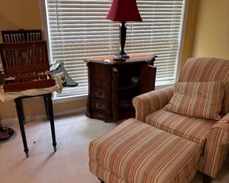 chair with ottoman, lamps and storage hutch