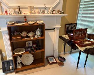 various porcelein, Lenox, antique microscopes, lladro, boehm birds, 2x flatware sets (silver plated and gold plated)