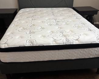 Queen Bed, Grey Patterned Fabric Headboard