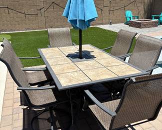 Patio Table/6-Swivel Chairs + Blue Umbrella, Tile Table Top