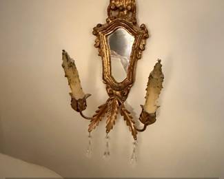 Vintage Rococo Style Giltwood Wall Sconce with Mirror and Crystal Drops
