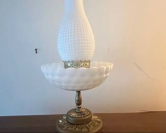 Vintage White Hobnail Milk Glass Hurricane Lamp with Trinket Bowl