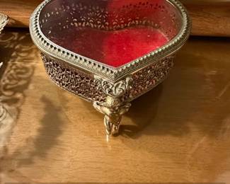 Vintage Ormolu HeartShaped Jewelry Box with Cherub Feet and Beveled Glass