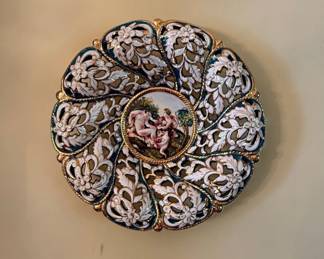 Vintage Capodimonte Style Porcelain Decorative Plate with Pierced Border and Floral Reliefs