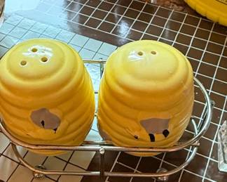 Vintage Ceramic Beehive Salt and Pepper Shakers with Metal Caddy second image