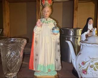 Vintage Infant Jesus of Prague Chalkware Statue with Crown and Orb