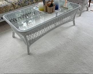 White Wicker Coffee Table with Glass Top by Henry Link
