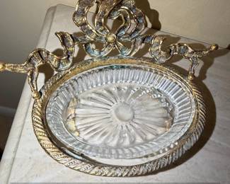 Vintage Matson Gold Tone Ormolu Glass Soap Dish with Roses Motif