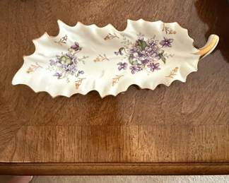 Vintage Arnart Porcelain Leaf Shaped Dish with Violets and Gold Trim