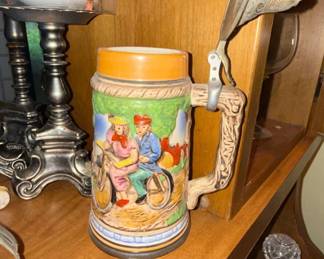 Vintage Ceramic Beer Stein with Couple on Bicycle Relief, Made in Japan