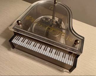 Vintage Sankyo Clear Acrylic Grand Piano Music Box with Musical Staff Decoration