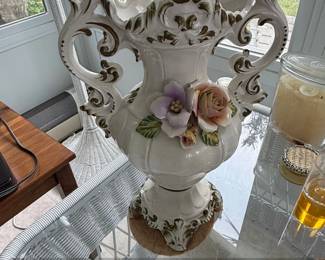 Vintage Italian Capodimonte Ceramic Urn Vase with Applied Roses and Gold Accents