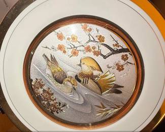 Vintage Chokin Art Plate with Mandarin Ducks and Cherry Blossoms