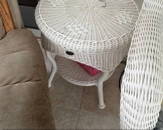 White Wicker Round Side Table with Drawer and Shelf