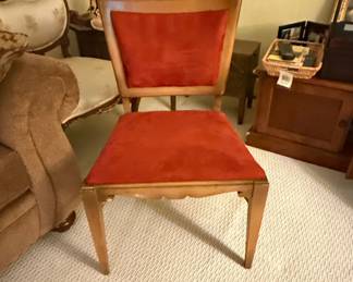 Vintage Wood Dining Side Chair with Red Velvet Upholstery