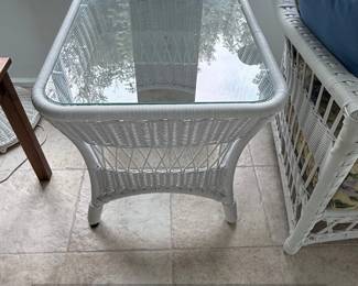 White Wicker Side Table with Glass Top  Vineyard Style