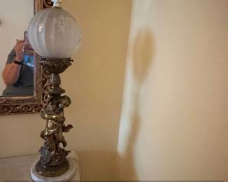 Vintage Cherub Figural Table Lamp with Frosted Glass Globe, Hollywood Regency Style