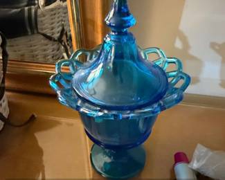 Vintage Imperial Glass Blue Lattice Edge Lidded Compote