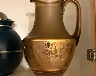 Vintage Frosted Amber Glass Pitcher with Gold Floral Overlay