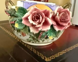 Vintage Capodimonte Porcelain Decorative Bowl with Applied Roses