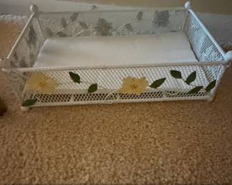 Vintage White Metal Wire Mesh Tissue Box Cover with Floral Accents