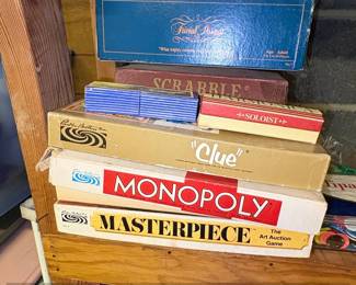 Vintage Parker Brothers Board Game Collection Monopoly, Clue, Masterpiece, Scrabble, Trivial Pursuit, Soloist