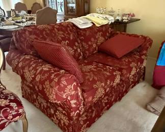 Ethan Allen Red Floral Upholstered ThreeCushion Sofa