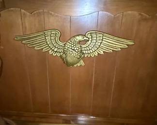Vintage Wooden Home Bar with Stools and Eagle Emblem second image