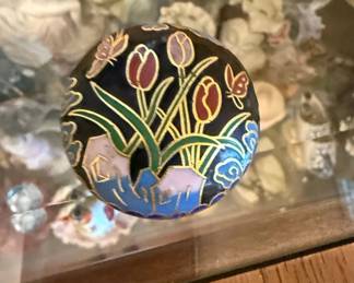 Vintage Chinese Cloisonn Enamel Pill Box  Floral and Butterfly Motif